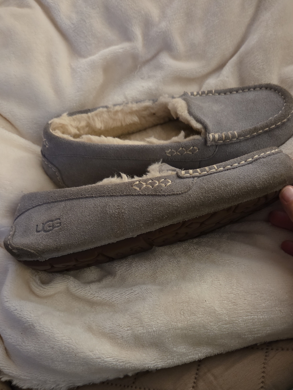 UGG Grey Suede Moccasin Slipper with Shearling Lining - Picture 7 of 11